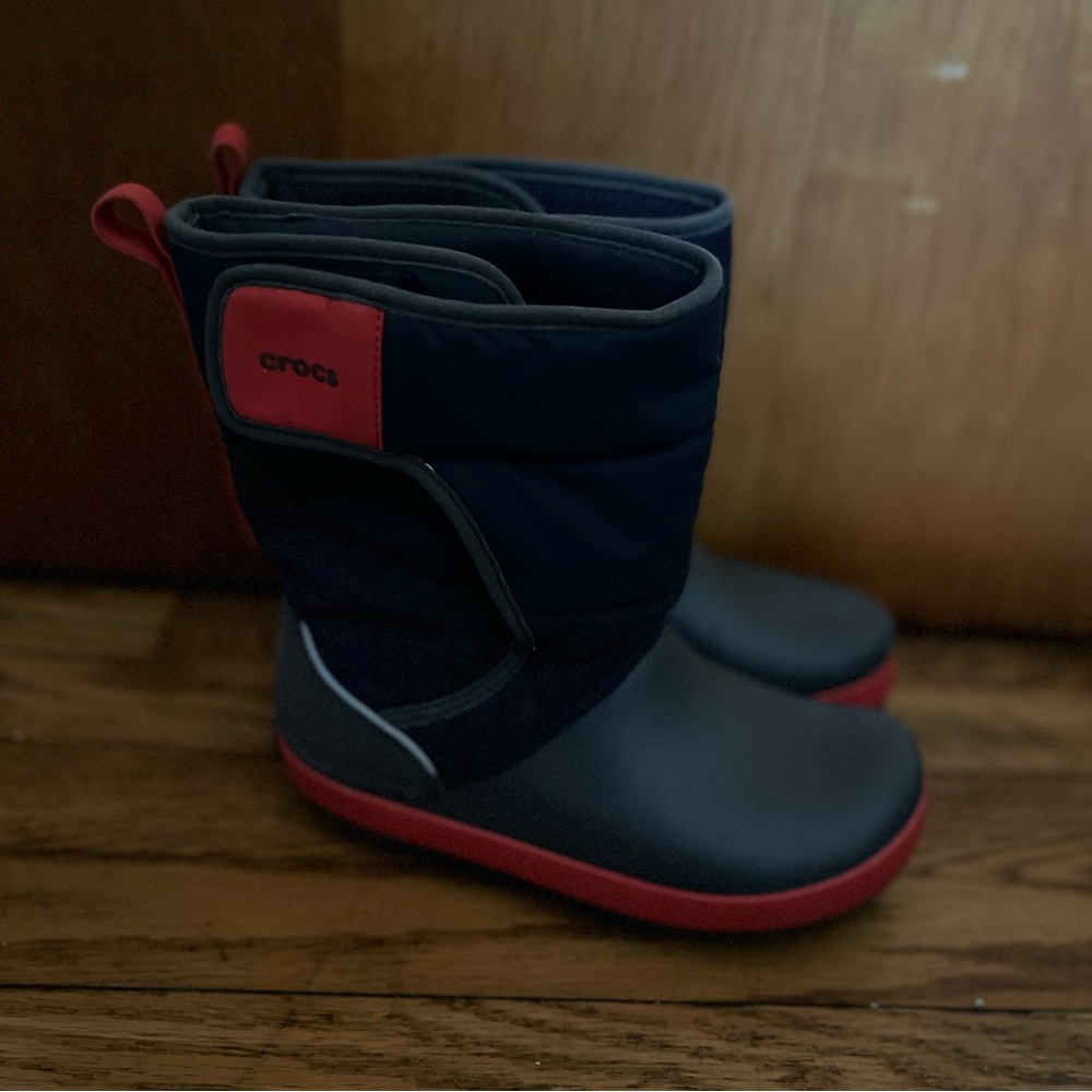 Navy blue and red Crocs boots size 2